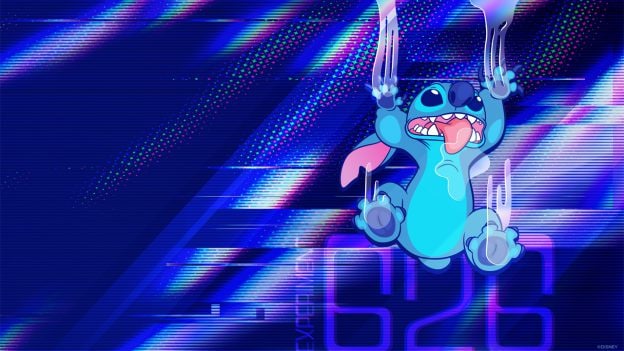 Stitch 626 Day Digital Wallpaper Stitch Grasping and drooling on inside of screen with digital display and 626 logo