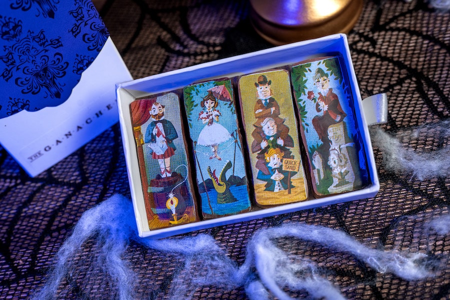 Haunted Mansion Portrait Bars at The Ganachery inside Disney Springs: Chocolate Ganache Bars with edible imaged. Bar Flavors: pistachio, salted caramel, chipotle, passion fruit.