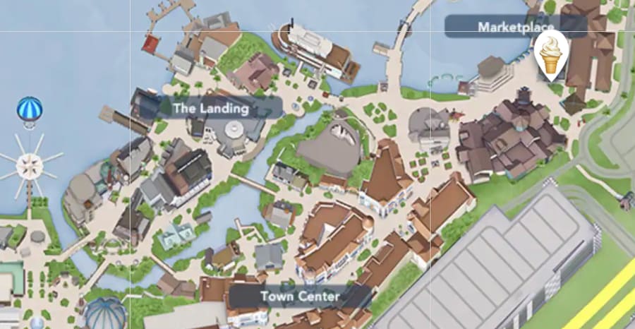 Map with the location of Ghirardelli Soda Fountain and Chocolate Shop at Disney Springs