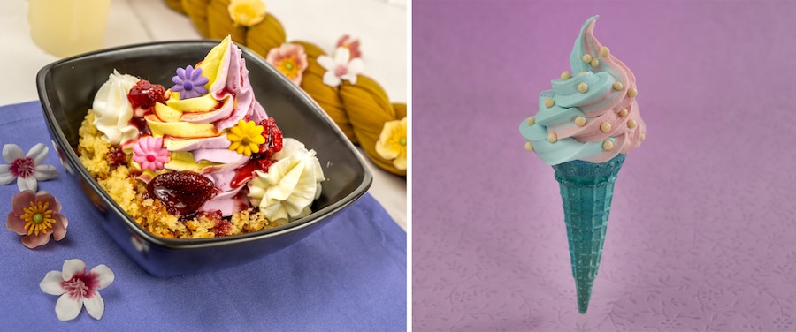 Rapunzel Sundae: Shortcake with wild berry soft-serve and DOLE Whip lemon and topped with berry compote and sugar flowers (New), Aurora Cone: DOLE Whip strawberry and blue soft-serve topped with white chocolate crisp pearls in a sugar cone (New)