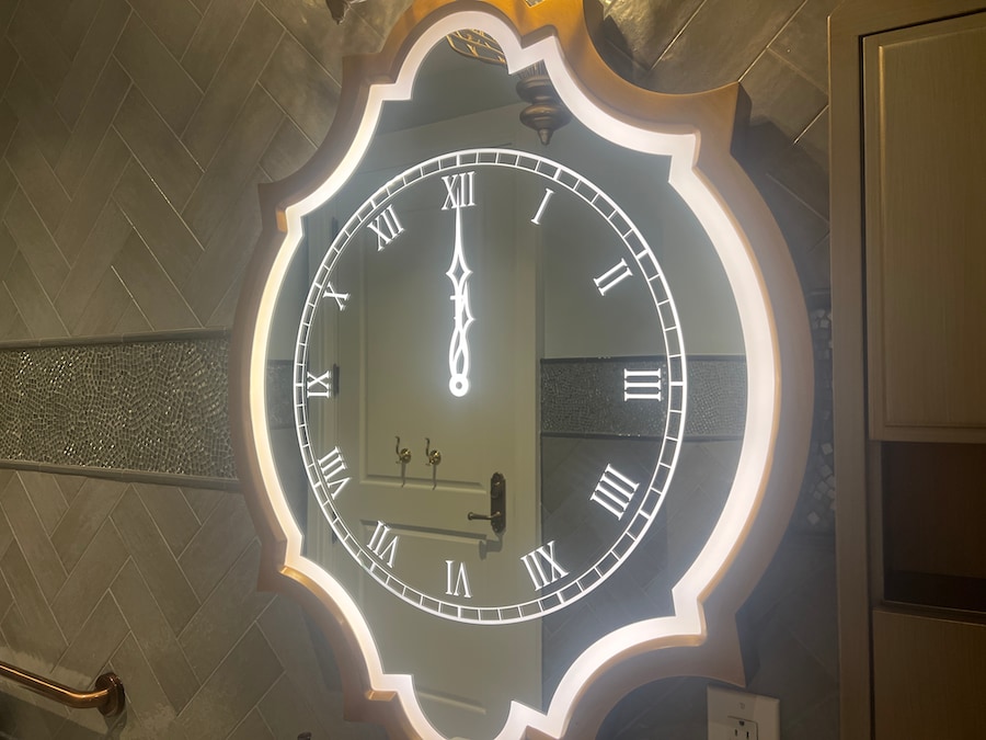 Disney’s Wedding Pavilion bathrooms, mirror resembles a clock