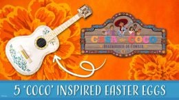 Casa de Coco – Restaurante de Familia's logo next to a white guitar with an orange background with the writing "5 ‘Coco’ Inspired Easter Eggs" on it