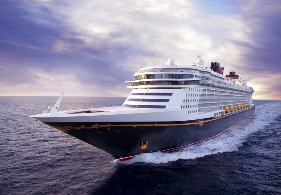 Bow facing Disney Dream cruise ship in the ocean 
