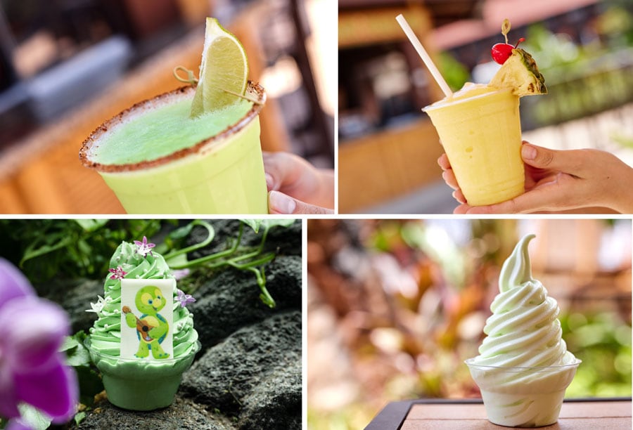 Collage of Frozen Margarita with DOLE Whip Lime made of Corazón Blanco Tequila blended with DOLE Whip lime and chili-lime seasoning; Frosty Pineapple made of DOLE Whip with Captain Morgan Private Stock Rum; DOLE Whip lime topped with crisp pearls, edible flowers, glitter, and white chocolate 'Olu Mel décor; DOLE Whip lime
