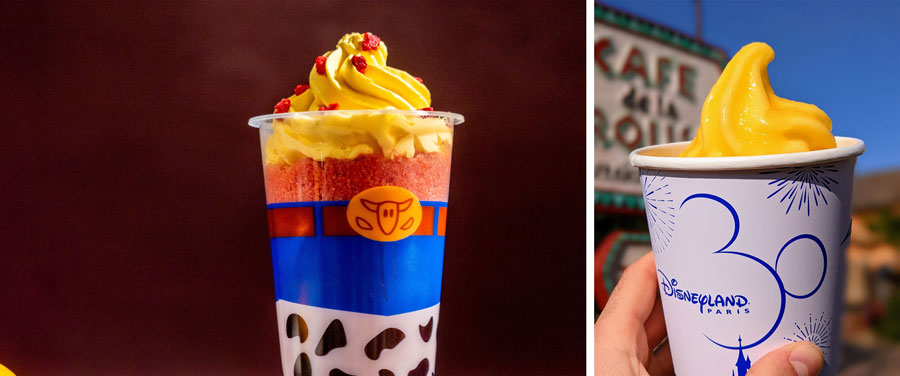 DOLE Whip with Strawberry Slush Float served with a Jessie-themed cup and Pineapple Whip on a Disneyland Paris cup