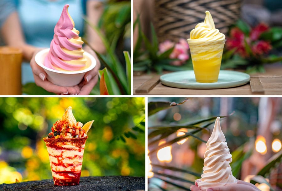collage of DOLE Whip Swirl, DOLE Whip Float, DOLE Whip and DOLE Whip mango swirl, chamoy, mango, and chile-lime seasoning, and DOLW Whip