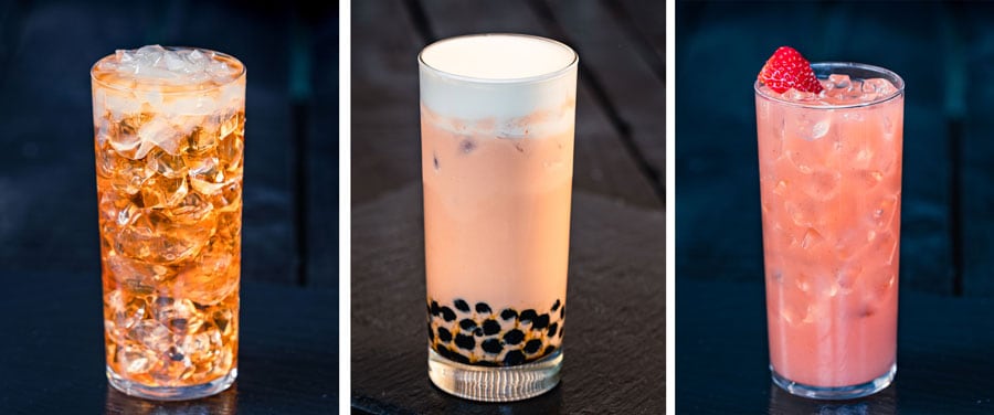Collage of Lychee Tea: Gold Peak Unsweetened Black Tea and premium lychee syrup with lychee coconut jelly (Non-alcoholic) (left) • Thai Tea with sea salt cream and brown sugar boba (middle) • Strawberry Lychee Cocktail: Vodka, lychee liqueur, premium strawberry syrup, and fresh lemon juice with sliced strawberry garnish (right)