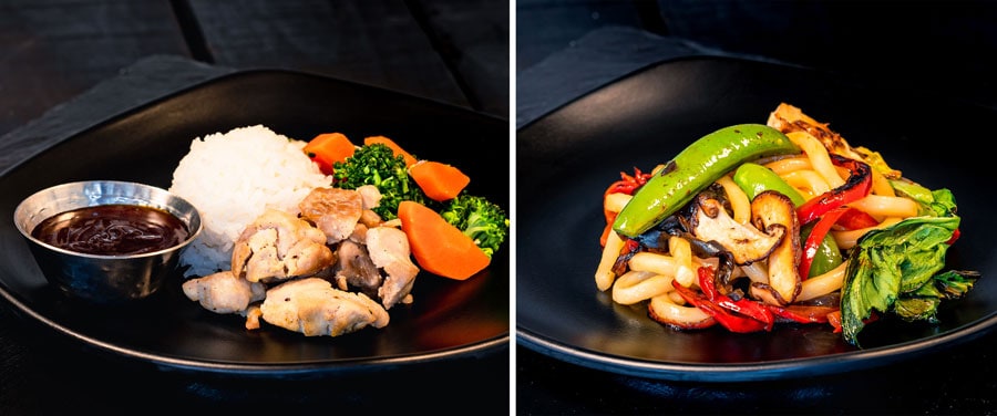 Collage of Teriyaki Chicken with sautéed vegetables and steamed rice (left) • Yaki Udon with mushrooms, sugar snap peas, bok choy, dark soy sauce, and hoisin sauce (right)