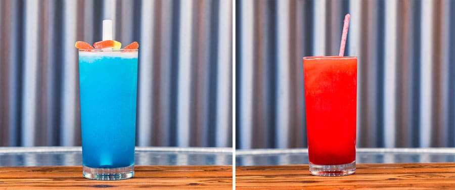 Collage of Turbine Twirler frozen blue raspberry slushy topped with peach gummy ring (Non-alcoholic) (left) • Rita's Grand Strawberry Margarita with a splash of liqueur and strawberry cream-covered cocoa biscuit stick (right)