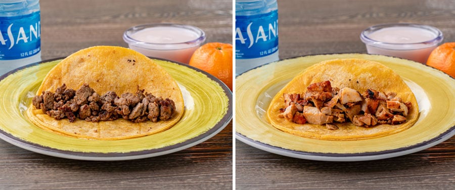 Collage of Carne Asada Taco (left) • Pollo Asado Taco (right)