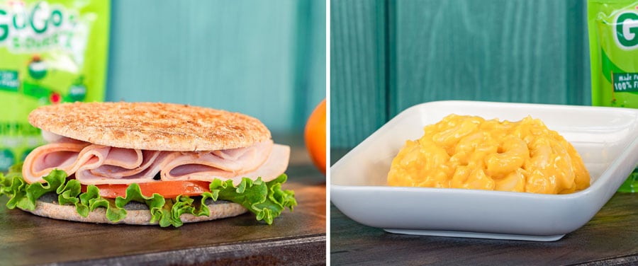 Collage of Turkey Sandwich (Disney Check Meal) (left) • Mac & Cheese (right)
