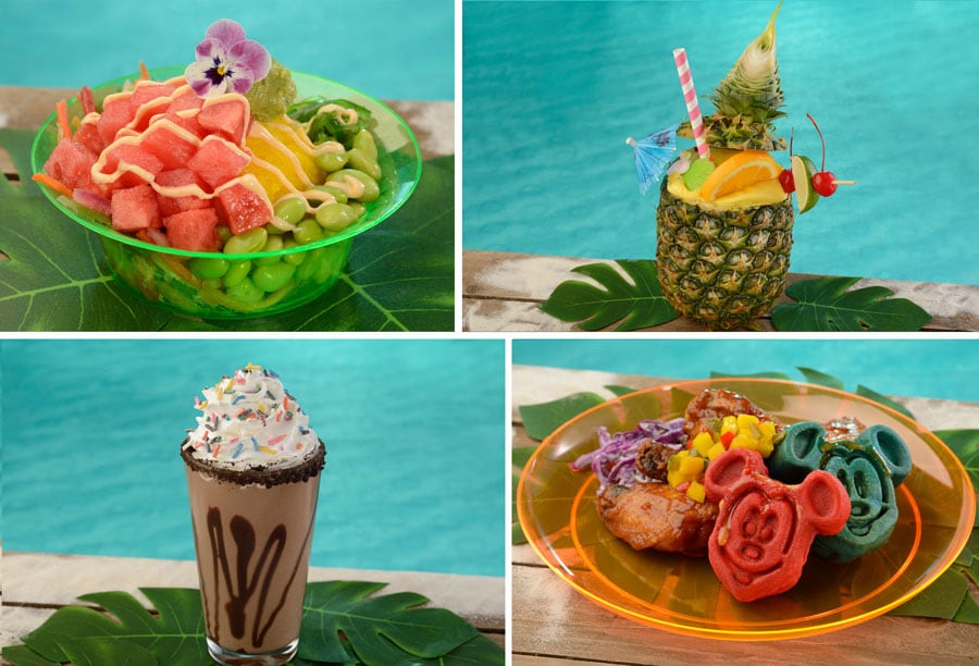 Collage of Barbeque Chicken and Waffles, Watermelon Poke Bowl, Pineapple ManGLOW Mai Tai, Moonlight Mudslide