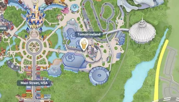 magic kingdom's map with an ice cream icon marking Tomorrowland