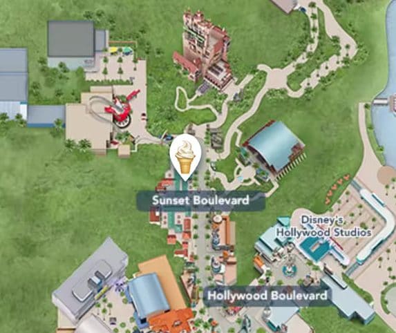 Disney's Hollywood Studio's map with an ice cream icon marking Hollywood Scoops