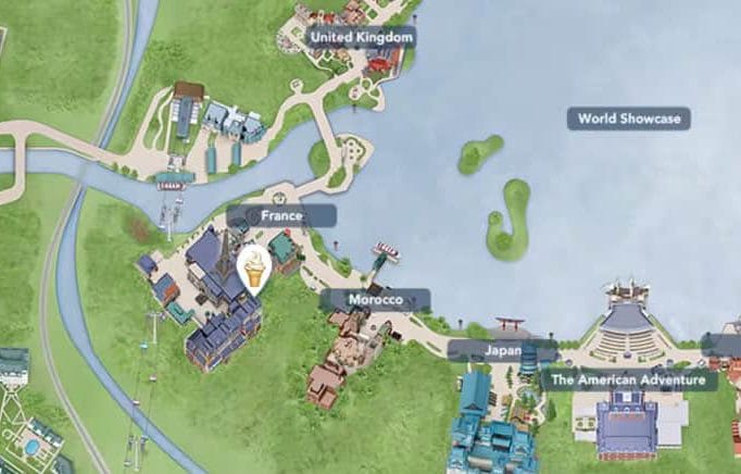 EPCOT's map with an ice cream icon marking France