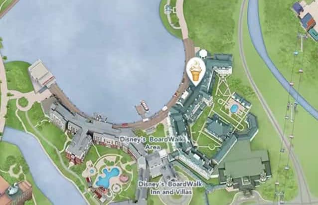 a map of Disney’s BoardWalk with an ice cream icon marking the BoardWalk Ice Cream shop