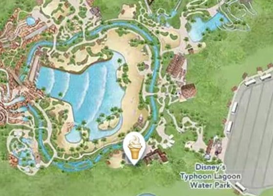 Disney's Typhoon Lagoon map with an ice cream icon marking Happy Landings Ice Cream shop
