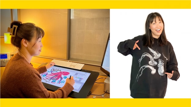 Steph Lee designing National Geographic apparel | Steph Lee wearing jellyfish sweatshirt