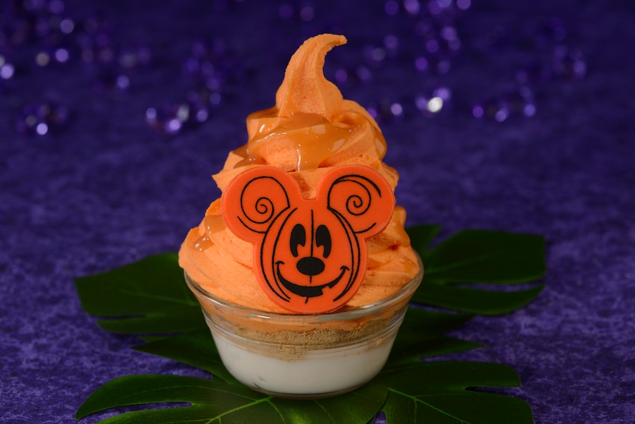 * Not-So-Scary Pumpkin Soft-serve: Pumpkin-spiced flavored soft-serve and coconut haupia with caramel drizzle, graham cracker crumbs, and a white chocolate Mickey-shaped pumpkin at Walt Disney World in Disney’s Polynesian Village Resort