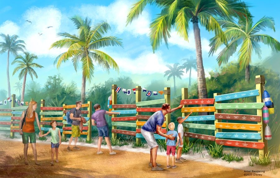 drawing of people in a beach scenario looking at a colorful fence with names written on it