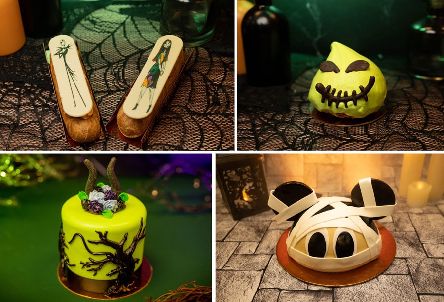 Jack Skellington Éclair, Oogie Boogie Cream Puff, Maleficent Petit Cake and Mummy Mickey Mouse Dome Cake
