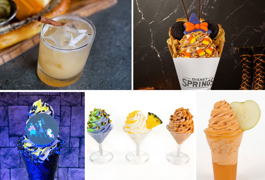 Witch’s Potion, Halloween Minnie Waffle Sundae, Haunted Mansion Cone, DOLE Whip Sampler and Apple Cider Slush with Pumpkin Soft Serve