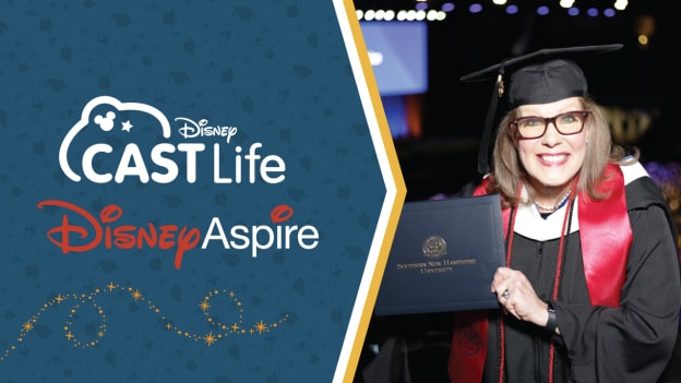 Disney Cast Life | Disney Aspire | Karen White in graduation cap & gown holding degree