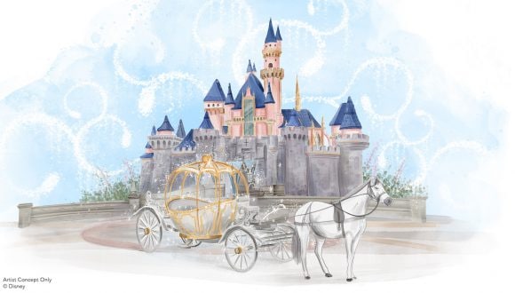 Rendering of Cinderella Platinum Coach in front of Sleeping Beauty Castle