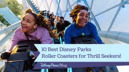 a picture group of people riding the TRON Lightcycle / Run at Tomorrowland in Magic Kingdom with the Disney Parks Blog logo on the bottom left corner and a text on the upper right corner saying "10 Best Disney Parks Roller Coaster for Thrill Seekers!"