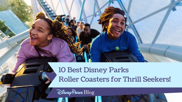 a picture group of people riding the TRON Lightcycle / Run at Tomorrowland in Magic Kingdom with the Disney Parks Blog logo on the bottom left corner and a text on the upper right corner saying "10 Best Disney Parks Roller Coaster for Thrill Seekers!"