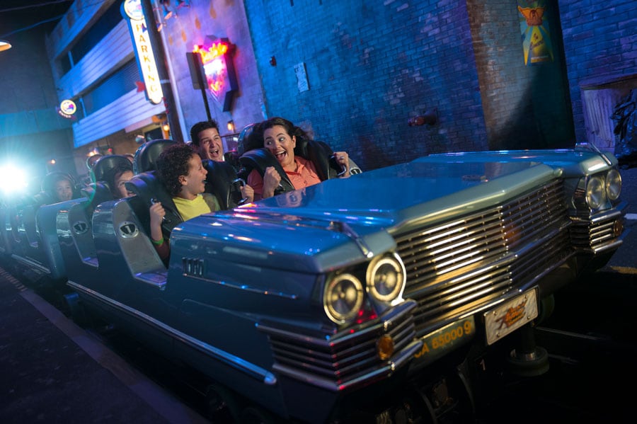 a group of people riding the Rock 'n' Roller Coaster Starring Aerosmith at Disney's Hollywood Studios