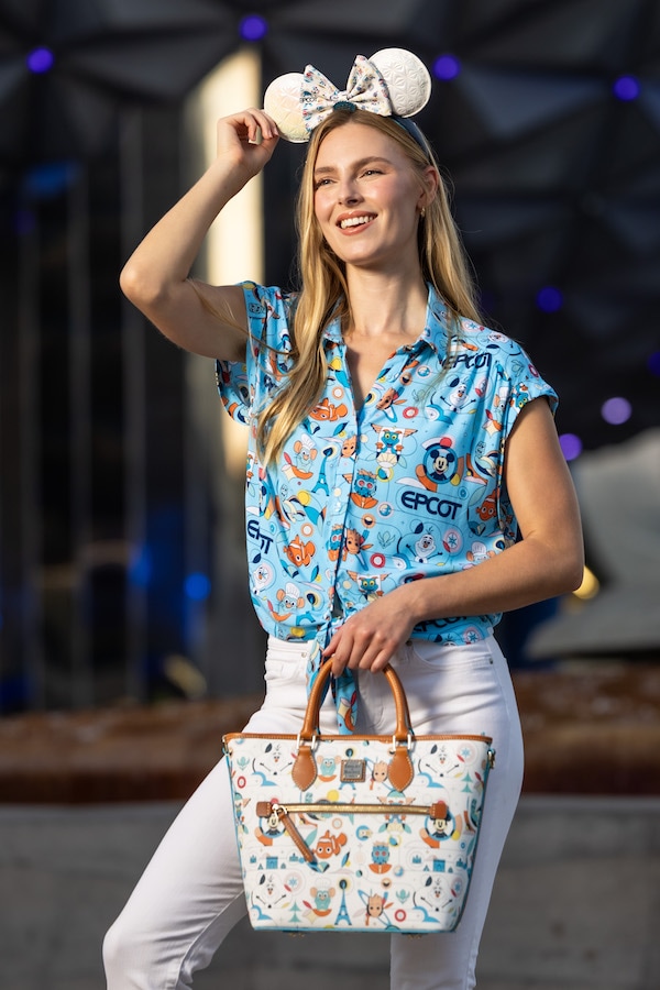 EPCOT Reimagined Woven Shirt and Fashion Top with matching Loungefly Ear Headband and Dooney & Bourke Handle Tote Bag