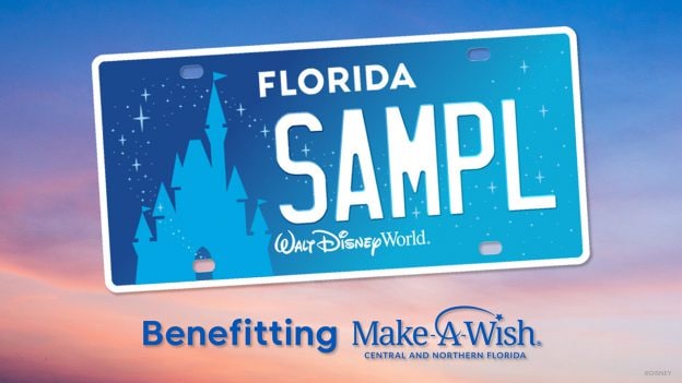 Blue Sample Florida Disney license plate featuring Walt Disney World castle on sunset background with the text "benefitting Make-A-Wish of Central and Northern Florida".