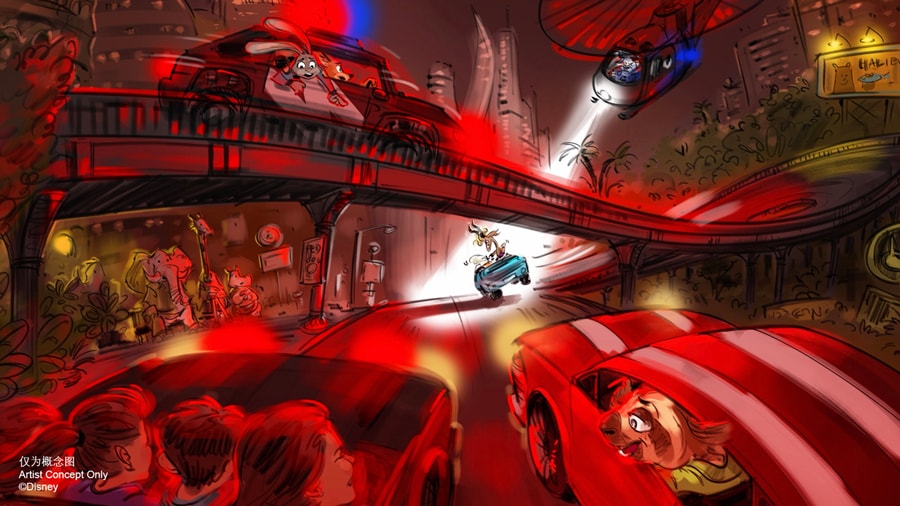 Ride concept art from Save the day on Zootopia: Hot Pursuit Attraction depicting streets of Zootopia with Gazelle on the way to her concert.