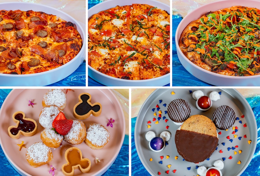 Palm Breeze Bar Foodie Guide menu at The Villas at Disneyland Hotel Charcuterie Pizza, four cheese California pizza, garden pizza, beignets, and chocolate chip cookie sandwhich in the shape of mickey mouse