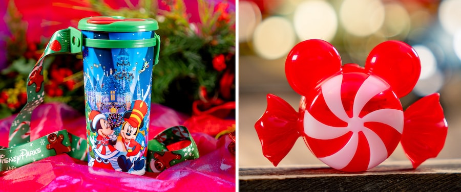 Disney Holiday Travel Tumbler and Mickey Mouse-shaped Peppermint Glow Cube, Food at Disney Festival of Holidays 2023 at Disneyland Resort