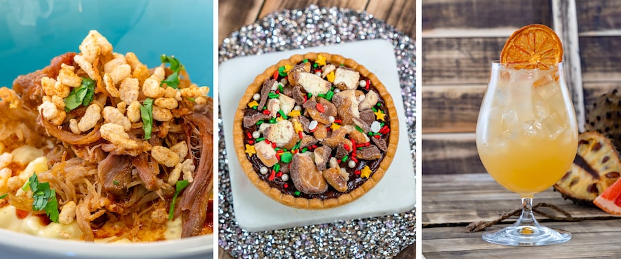 Mac & Cheese, tart, and cocktail pictured, Food at Disney Festival of Holidays 2023 at Disneyland Resort