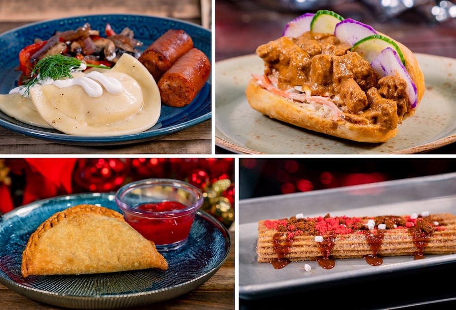 Collage de comida navideña y churro, comida en Disney Festival of Holidays 2023 en Disneyland Resort