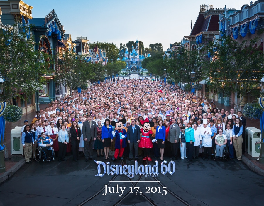 Cast gather on Main Street, U.S.A. on the morning of Disneyland Resort's 60th anniversary