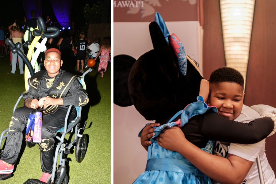 two pictures side by side of a boy in a costume in a wheelchair and boy hugging Minnie Mouse