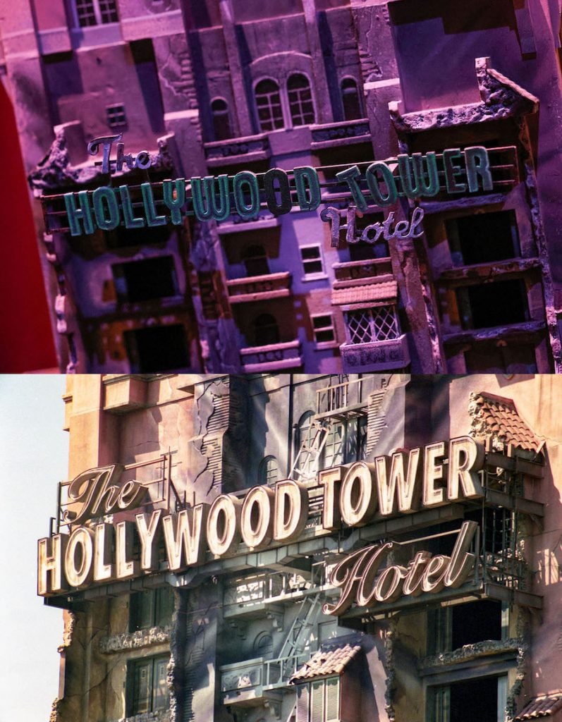 Model of Hollywood Tower Hotel marquee (Top Image) and Hollywood Tower Hotel marquee on the attraction at Disney’s Hollywood Studios (bottom image)