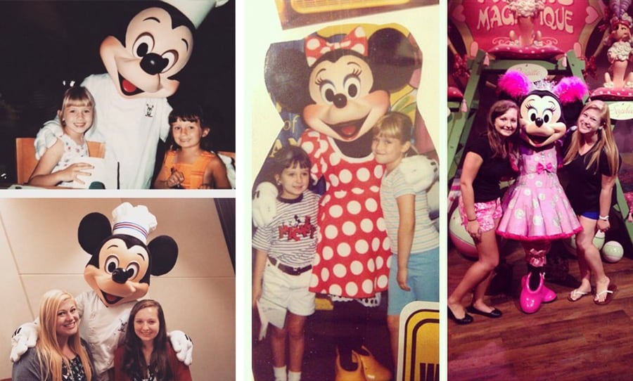Courtney and Heather recreating childhood photos with Minnie and Mickey