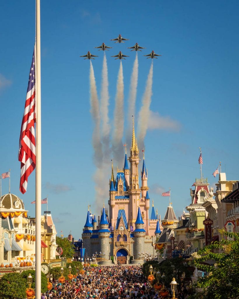 Image of Thunderbirds air show over Cinderella’s Castle at Disney World