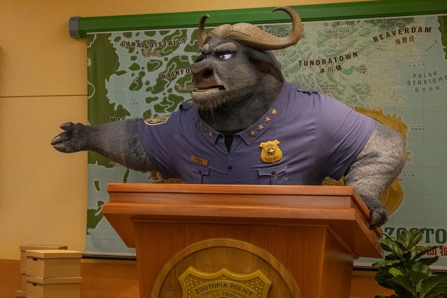 Chief Bogo inside new ride Zootopia: Hot Pursuit coming to Zootopia, opening Dec. 20, 2023 at Shanghai Disney Resort