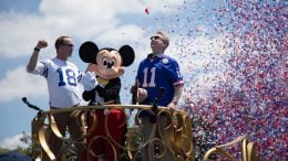 Peyton Manning and Phil Simms with Mickey Mouse at Walt Disney World, Magic Kingdom Park Hosts Special ESPN+ Peyton’s Places Look at ‘What’s Next?’ History