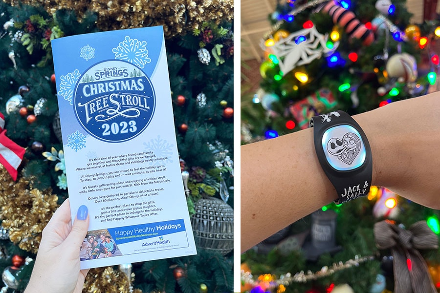 Collage of The Christmas Tree Stroll flyer and “The Nightmare Before Christmas” MagicBand+