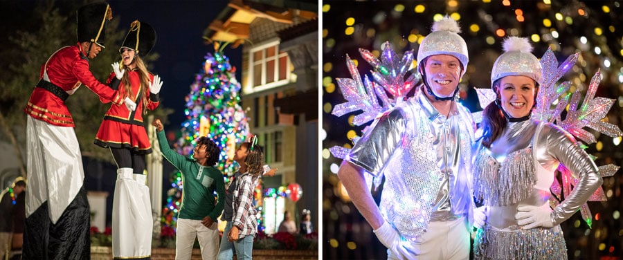 a collage of holiday-themed stilt walkers and rollerblading snowflakes