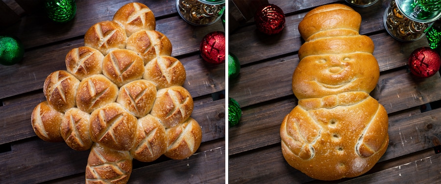 Plant based Christmas Tree Pull-apart Sourdough Bread and Snowman Sourdough Bread for the holidays at Disneyland Resort
