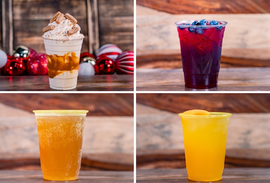 Caramel Crispy Churro Shake, Hibiscus Blueberry Agua Fresca, Golden Road Brewing Christmas Cart Wheat Ale and Peach Passion Fruit Hard Lemonade for the holidays at Disneyland Resort