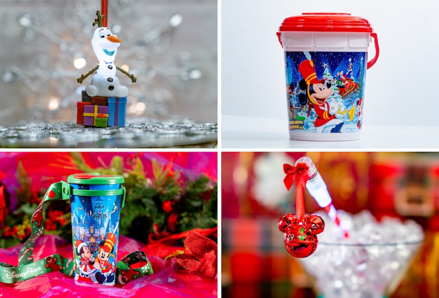 Holiday Olaf Bottle Topper, Holiday Popcorn Bucket, Holiday Stainless Steel Tumbler and Holiday Swizzle Stick
